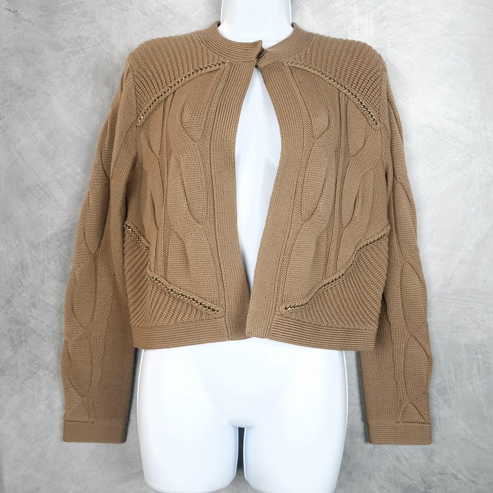 TWP Cardigan Sweater Womens Small Brown Chain Trim Merino Wool Cable Knit Jacket